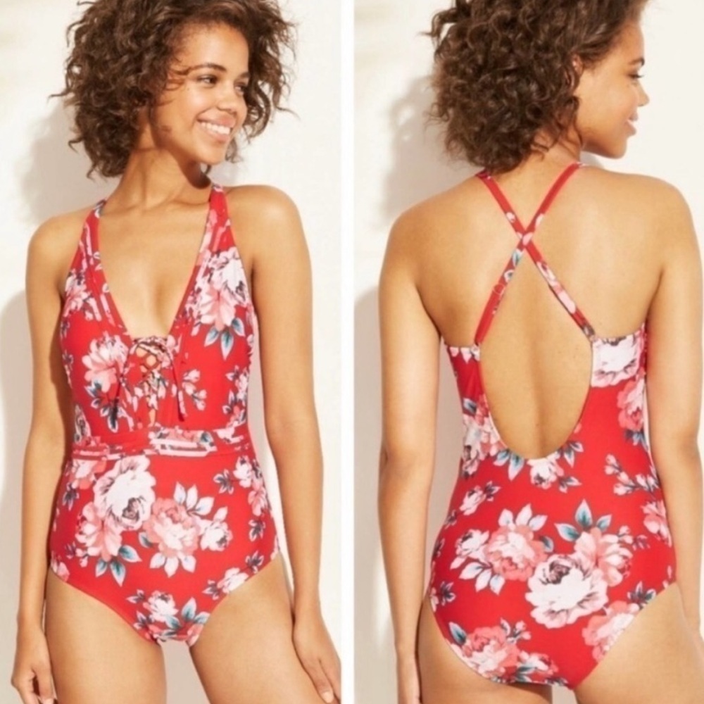 Kona Sol lace up Red Floral One Piece Swimsuit size XL tropical floral NWT